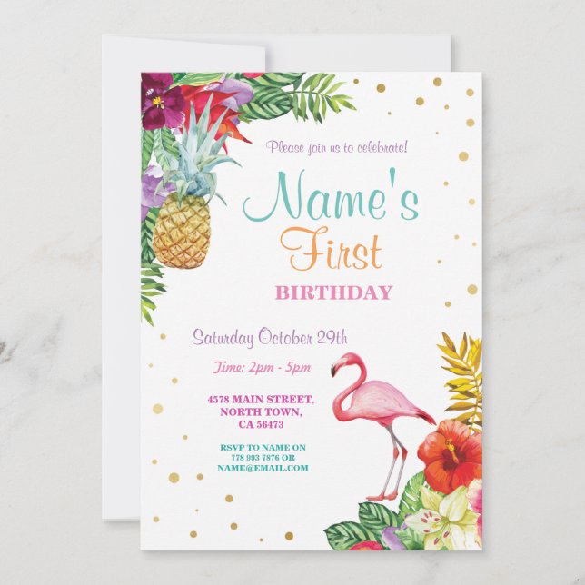 Convite Flamingo Aloha Garota é o primeiro aniversário Dou (Frente)