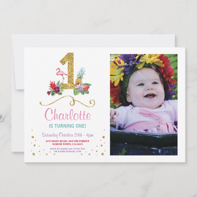 Convite Flamingo Aloha Primeira Foto de Festa de aniversár (Frente)