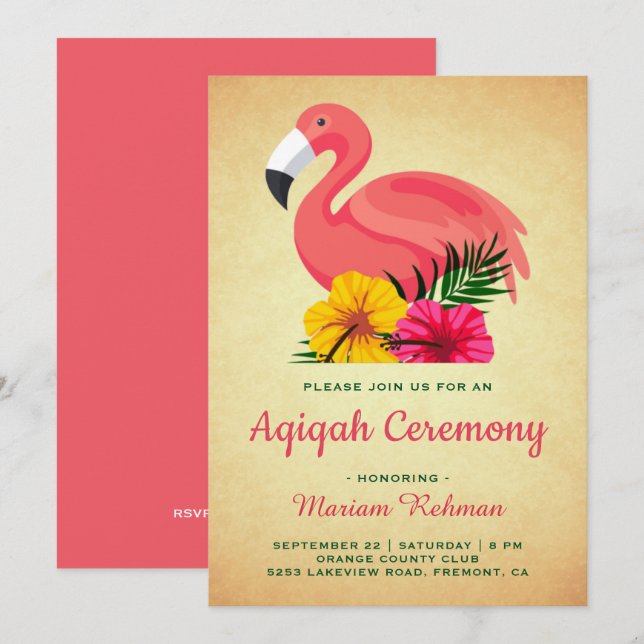 Convite Flamingo Aqiqah, Floral Russo Vintage (Frente/Verso)