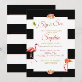 Convite Flamingo Baby Black Pink Stripe Sip and See