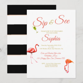 Convite Flamingo Baby Black Stripe Sip and See