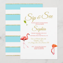 Convite Flamingo Baby Blue Stripe Sip and See