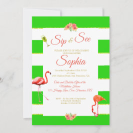 Convite Flamingo Baby Non Gender Green Stripe Sip and See