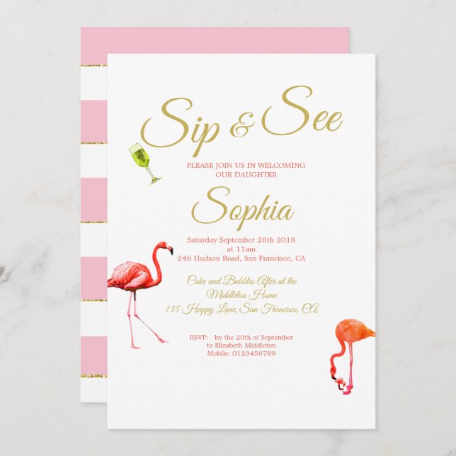 Convite Flamingo Baby Pink Stripe Sip and See (Frente/Verso)