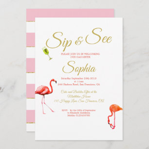Convite Flamingo Baby Pink Stripe Sip and See