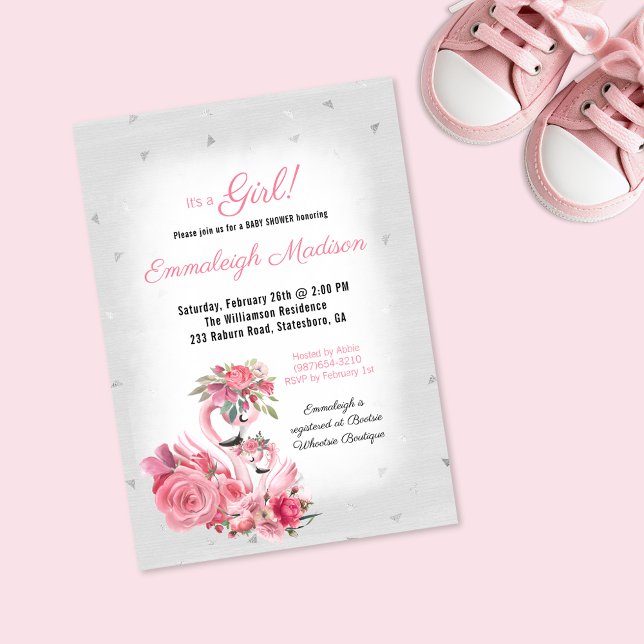 Convite Flamingo Bailarina Prata Churrasco de Bebê Menina (Criador carregado)