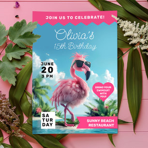 Convite Flamingo Birthday Beach Bash Extravaganza