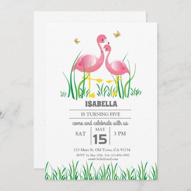 Convite Flamingo Birthday Invite (Frente/Verso)