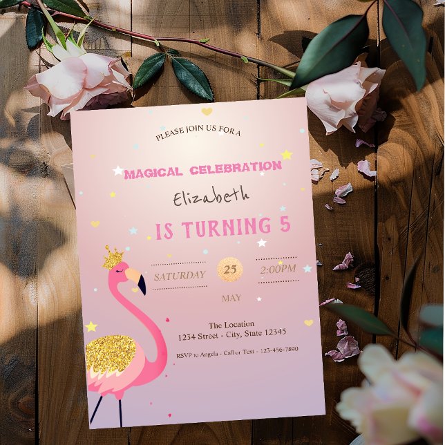 Convite Flamingo Brilhante, Aniversário Rosa (Criador carregado)