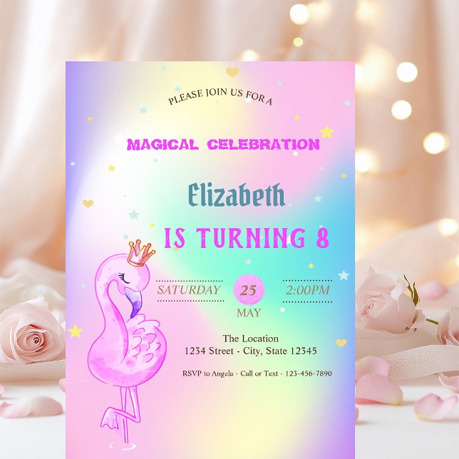 Convite Flamingo Brilhante, Coroa Ombre Holográfico Aniver (Criador carregado)