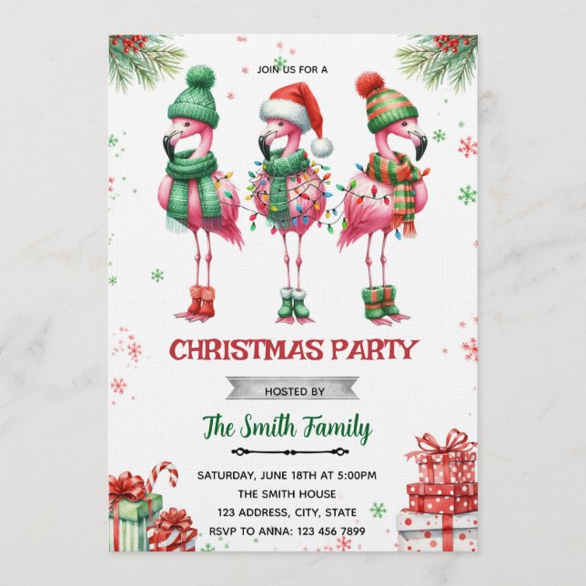 Convite Flamingo Christmas Party Invitation (Frente)
