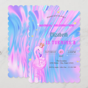 Convite Flamingo, Coroa Ombre Holográfico Opala Aniversári