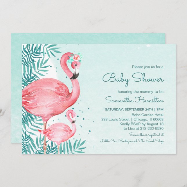 Convite Flamingo e Palm deixam Chá de fraldas de Aquarela  (Frente/Verso)