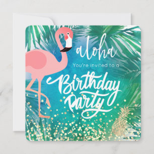 Convite flamingo em design azul tropical