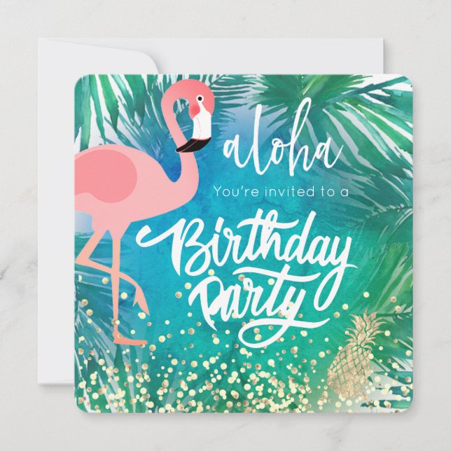 Convite flamingo em design azul tropical (Frente)