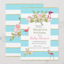 Convite Flamingo Floral Blue Strike Chá de fraldas