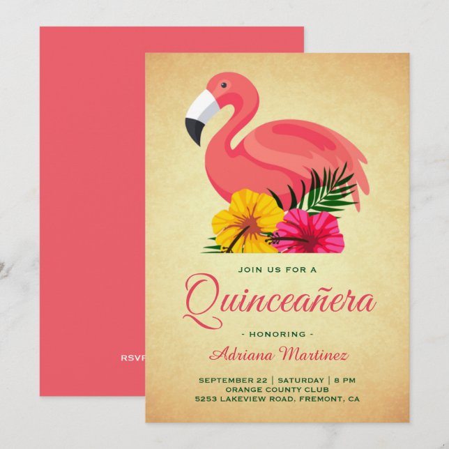Convite Flamingo Floral Rústico Vintage para Quinceanera (Frente/Verso)