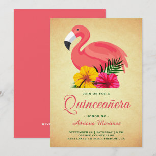 Convite Flamingo Floral Rústico Vintage para Quinceanera