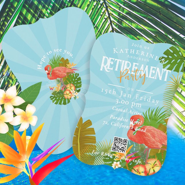 Convite Flamingo Florida Tropical Blue Retirement (Flamingo Tropical Retirement Party Invitation Card.)