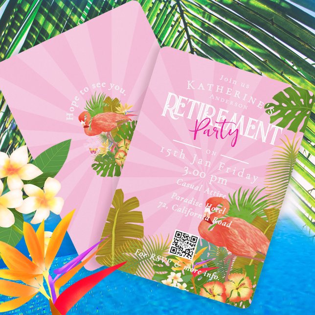 Convite Flamingo Flórida Tropical Rosa Aposentadoria (Flamingo Tropical Retirement Party Invitation Card.)