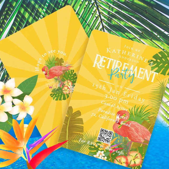 Convite Flamingo Florida Tropical Yellow Retirement (Flamingo Tropical Retirement Party Invitation Card.)