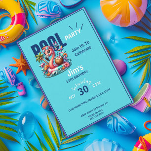 Convite Flamingo Flutuando Na Festa de aniversário Da Pisc