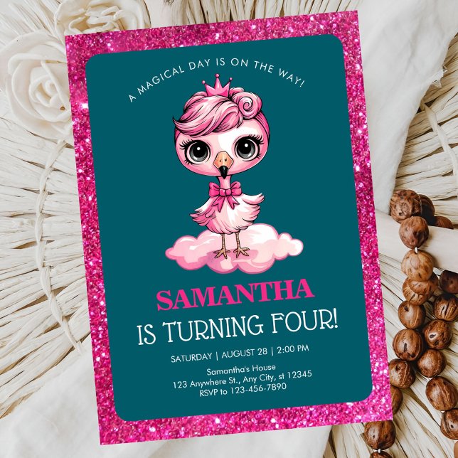 Convite Flamingo fofo com coroa de aniversário (Criador carregado)