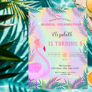 Convite Flamingo,Folhas Tropicais Holográficas de Aniversá
