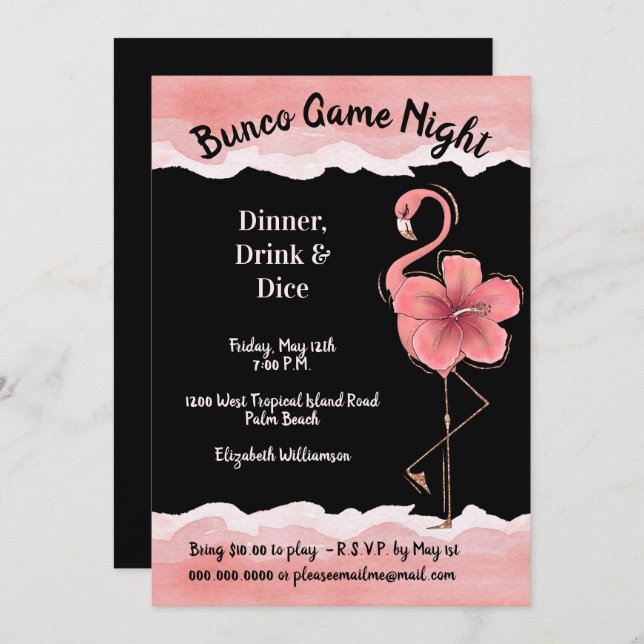 Convite Flamingo Girls Night Bunco, Rosa (Frente/Verso)