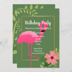 CONVITE FLAMINGO HIBISCUS SAGE VERDE ANIVERSÁRIO DOURADO