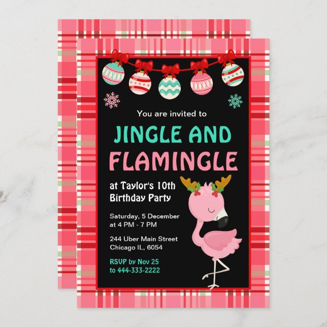 Convite Flamingo Holiday Birthday Party (Frente/Verso)