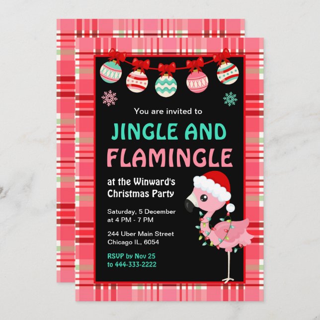 Convite Flamingo Holiday Christmas Party (Frente/Verso)