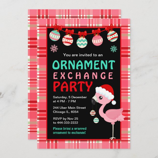 Convite Flamingo Holiday Ornament Exchange Party (Frente/Verso)