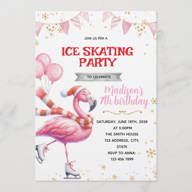 Convite Flamingo Ice Skating invitation (Frente)