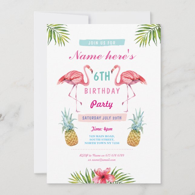 Convite Flamingo Invite Pineapple Tropical Aloha Aniversár (Frente)