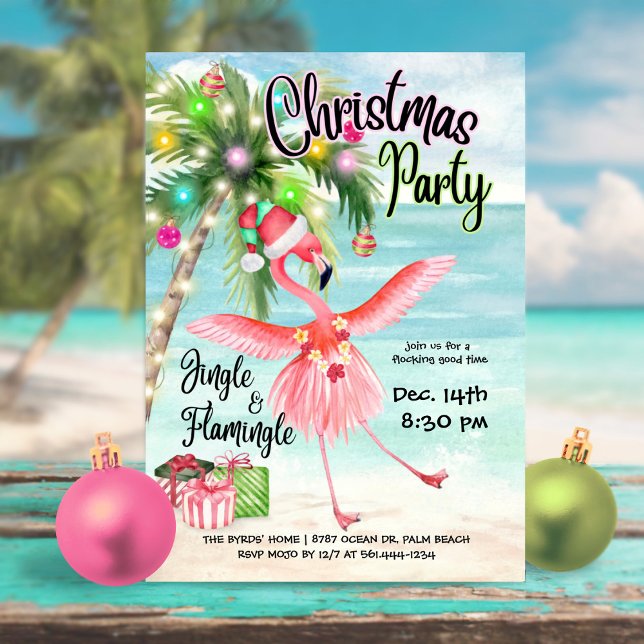 Convite Flamingo Palm Tree Tropical Beach Christmas Party (Criador carregado)