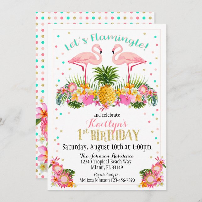 Convite Flamingo Pineapple e Tropical Floral Birday (Frente/Verso)