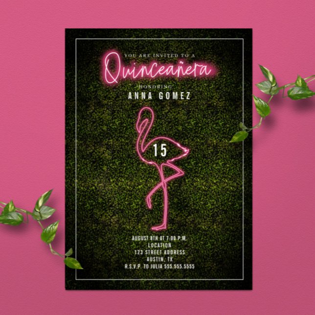 Convite Flamingo Quinceañera Luzes Neon Rosa Caixa de Made (Criador carregado)