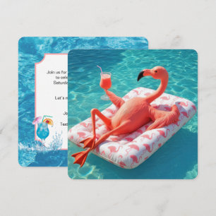 Convite Flamingo Relaxando Flutuando Em Um Colchão De Pisc