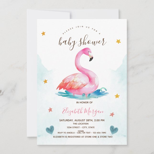 Convite Flamingo Rosa Adorável Estrelas Corações Chã de Be (Frente)