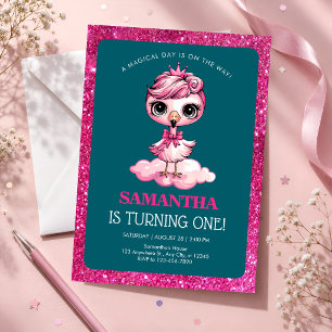 Convite Flamingo Rosa Aniversário de 1 ano