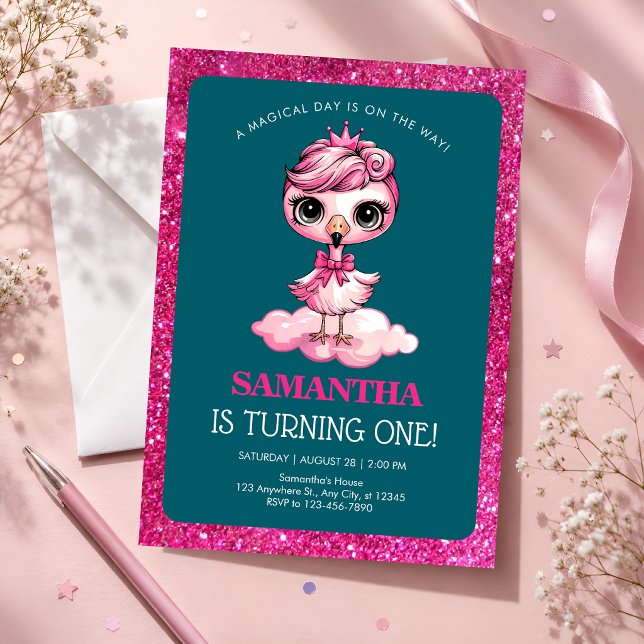 Convite Flamingo Rosa Aniversário de 1 ano (Criador carregado)