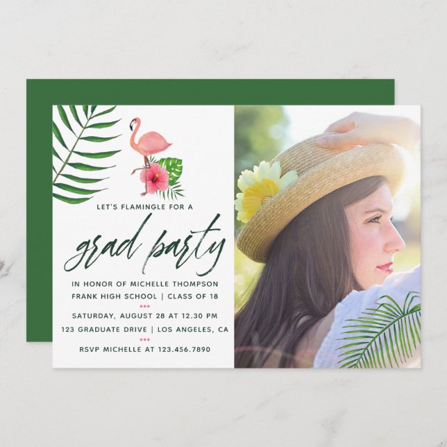 Convite Flamingo Rosa Aquarela Tropical Luau de Graduação (Frente/Verso)
