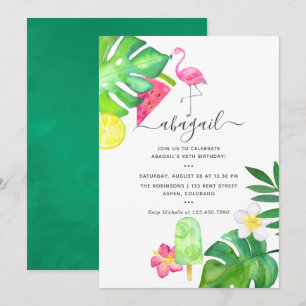 Convite Flamingo Rosa Aquarela Tropical Verão Aniversário