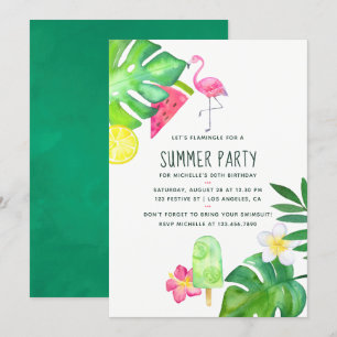 Convite Flamingo Rosa Aquarela Tropical Verão Aniversário