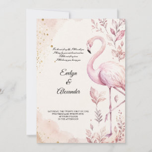 Convite Flamingo Rosa Bege Água Marrom Dourado Casamento