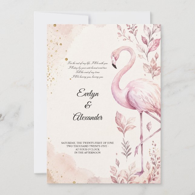 Convite Flamingo Rosa Bege Água Marrom Dourado Casamento  (Frente)
