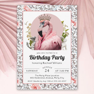Convite Flamingo rosa com Festa de aniversário coroa