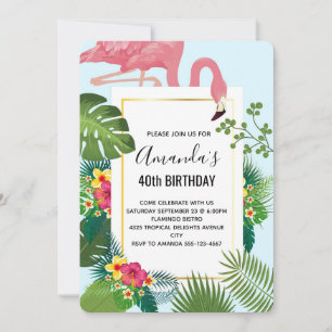 Convite Flamingo Rosa Elegante e Folhas Tropicais de Anive