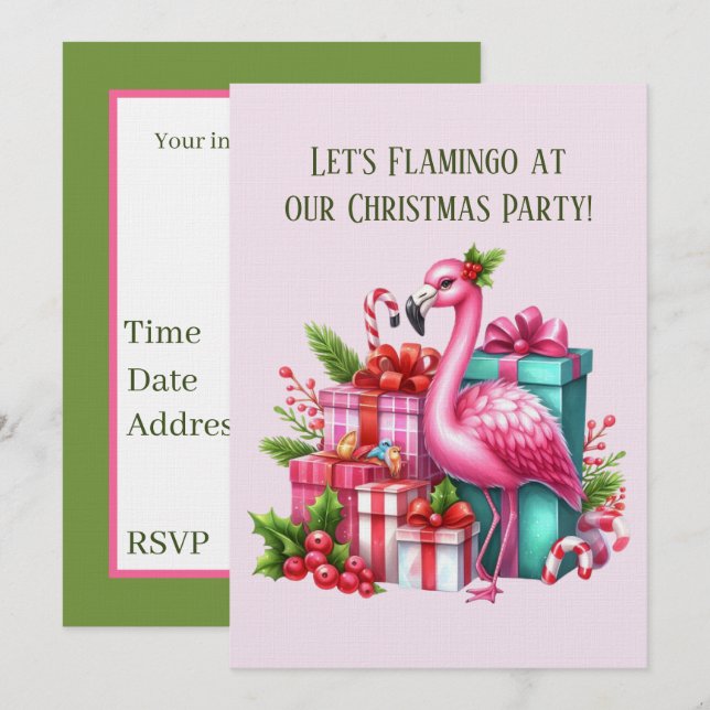 Convite Flamingo rosa festivo de Natal adicionar informaçõ (Frente/Verso)
